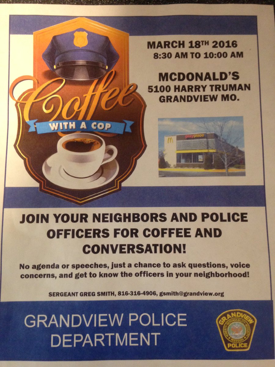 GrandviewMOPD's tweet photo. Tomorrow is the big day!! Coffee with a Cop!@CityofGrandview #movetowardthebadge https://t.co/Jd1JexLdgt