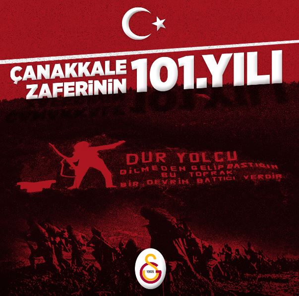 GalatasaraySK's tweet photo. 18 Mart Çanakkale Zaferi'nin 101. yılında tüm şehitlerimizi rahmet ve minnetle anıyoruz. #Çanakkale101YıllıkDestan https://t.co/CReXZgm4CY