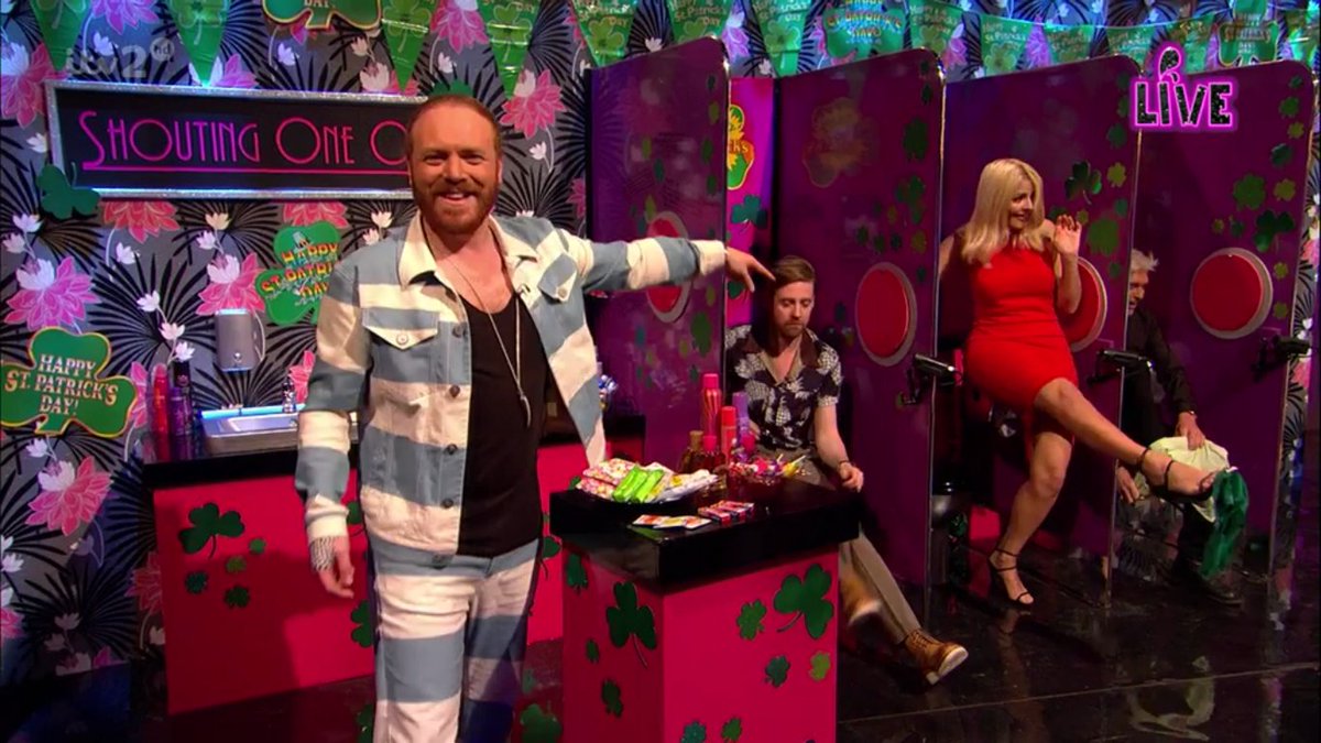hollywillslove's tweet photo. Holly flicking her knickers off at the end of #ShoutingOneOut. Who caught them? #LittleMemento π #CelebJuiceLive https://t.co/Ap0LnoyQVF