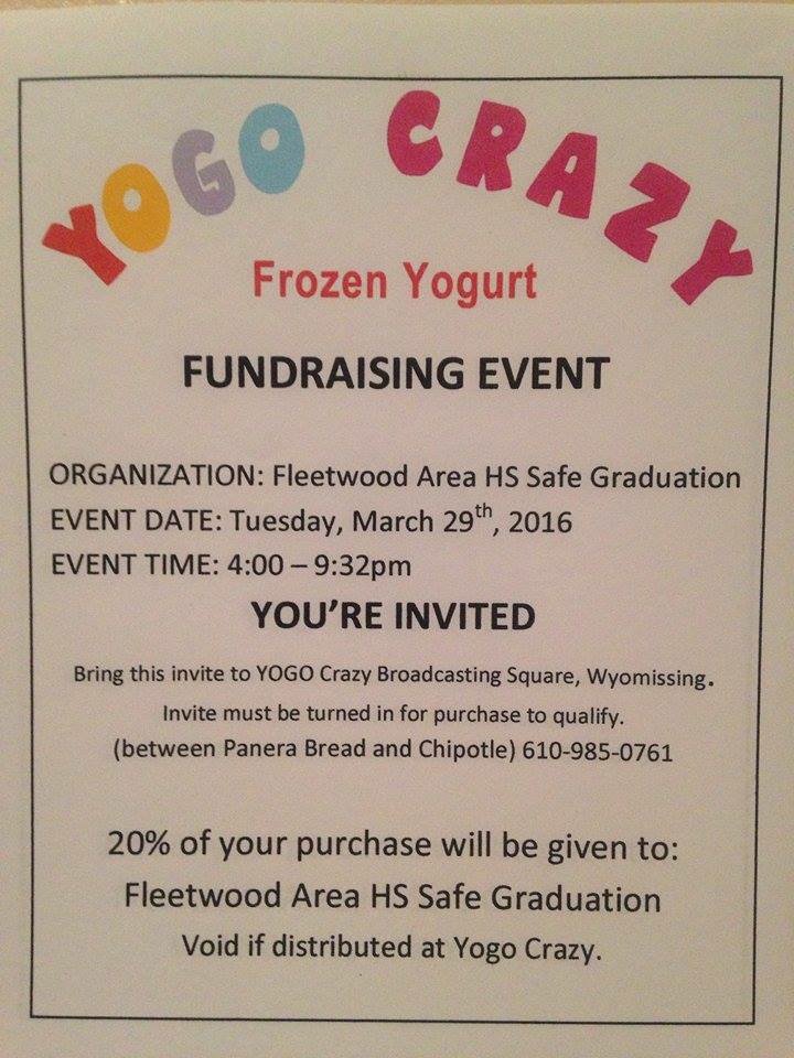 We Also Have Another Fundraiser at Yogo Crazy coming up on March 29th YOU MUST SHOW THIS PHOTO to benefit safe grad!