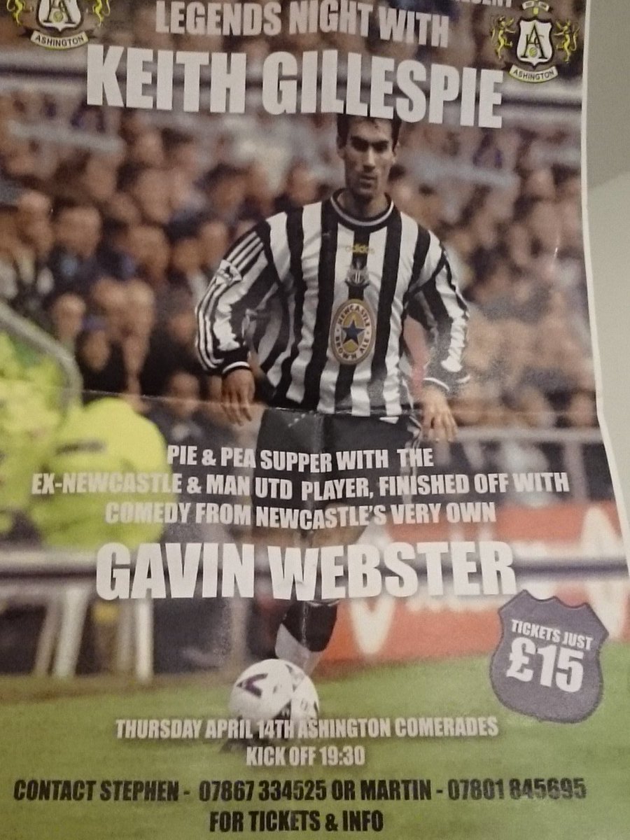 Ashington Cricket Club 🌰 (@ashingtoncc_) on Twitter photo Former <a href="/NUFC/">Newcastle United</a> winger <a href="/KeithGillespie7/">Keith Gillespie</a> @ Ashington Comrades on Thurs 14 April 730pm Tkts £15 fm Stephen 07867 334 525 Former <a href="/NUFC/">Newcastle United</a> winger <a href="/KeithGillespie7/">Keith Gillespie</a> @ Ashington Comrades on Thurs 14 April 730pm Tkts £15 fm Stephen 07867 334 525