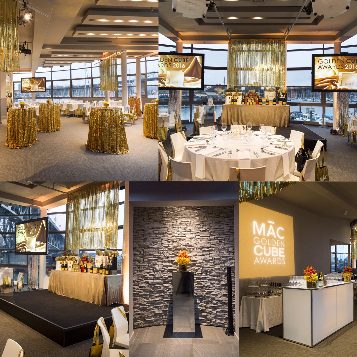 PartyArtDesign's tweet photo. Mac Marketing Cube Awards Night! An ocean of gold @waterviewvancouver! #partyartdesign #macmarketing #eventprofs https://t.co/hkCUWUnYt5