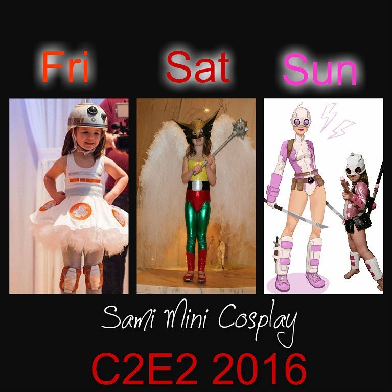 SamiMiniCosplay's tweet photo. @c2e2 here we come! This is going to be better than Disneyland! #BB8 #hawkgirl #gwenpool #tinynerd https://t.co/fF00J259md