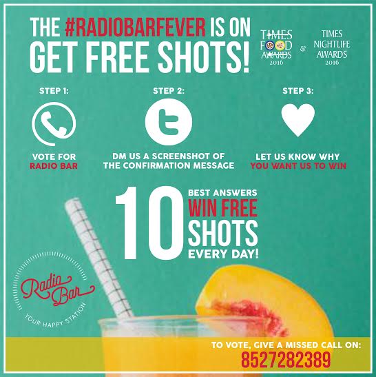Free shots to be won everyday! Vote for your favorite bar for the Times Food Awards at 08527282389! #RadioBarFever