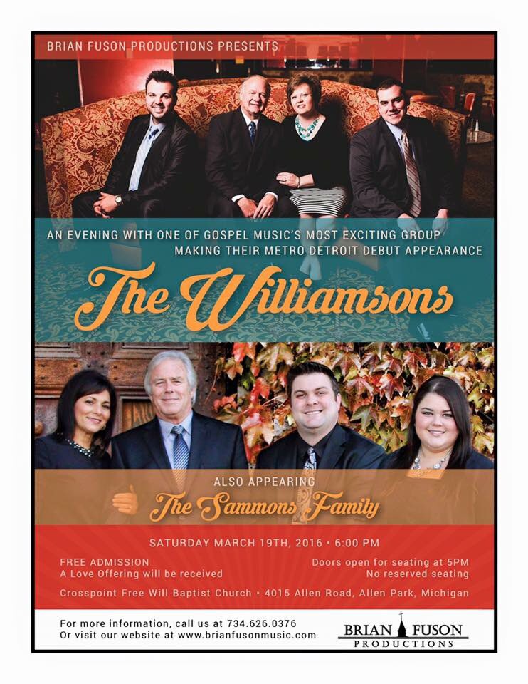 SammonsFam's tweet photo. Saturday night, we welcome @WilliamsonsSG to #Detroit! Come join us! #GospelMusic #AllenPark https://t.co/saZK08qTJ6
