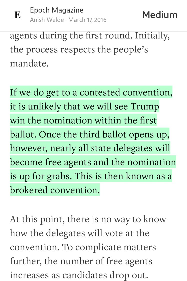 “If we do get to a contested convention, it is unlikely that we will see Trump win the nomination within the first ballot. Once the third ballot opens up, however, nearly all state delegates will become free agents and the nomination is up for grabs. This is then known as a brokered convention.” from “Cognitive Dissonance on American Democracy” by Anish Welde.