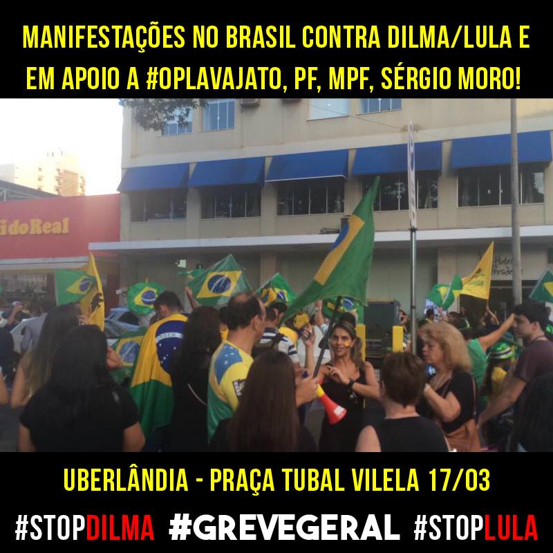 alexlimareal's tweet photo. Uberlândia no Brasil contra Dilma/Lula em apoio #OpLavaJato,PF,MPF,Moro 
#StopDilma #StopLula #GreveGeral https://t.co/8neN9RJdeC
