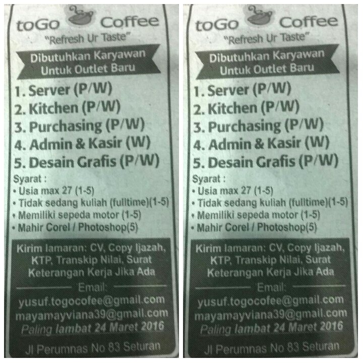 ToGoCoffeeJogja's tweet photo. @JogjaUpdateNews Lowongan Full Time @ToGoCoffeeJogja Lamaran Via Email Max 24/03/2016 #jogjalowker https://t.co/mYNSLrz4ci