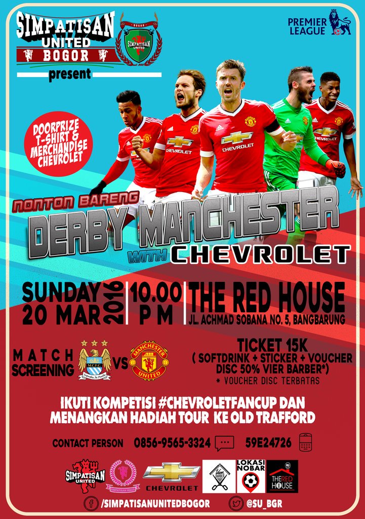 #Nobar w/ Chevrolet
#MCFC x #MUFC
📆 Minggu, 20-03-16
🏢 <a href="/theredhousecafe/">THE RED HOUSE CAFE</a>
🕖 22.00 WIB
💰 15k
Open for All
Byk Doorprize