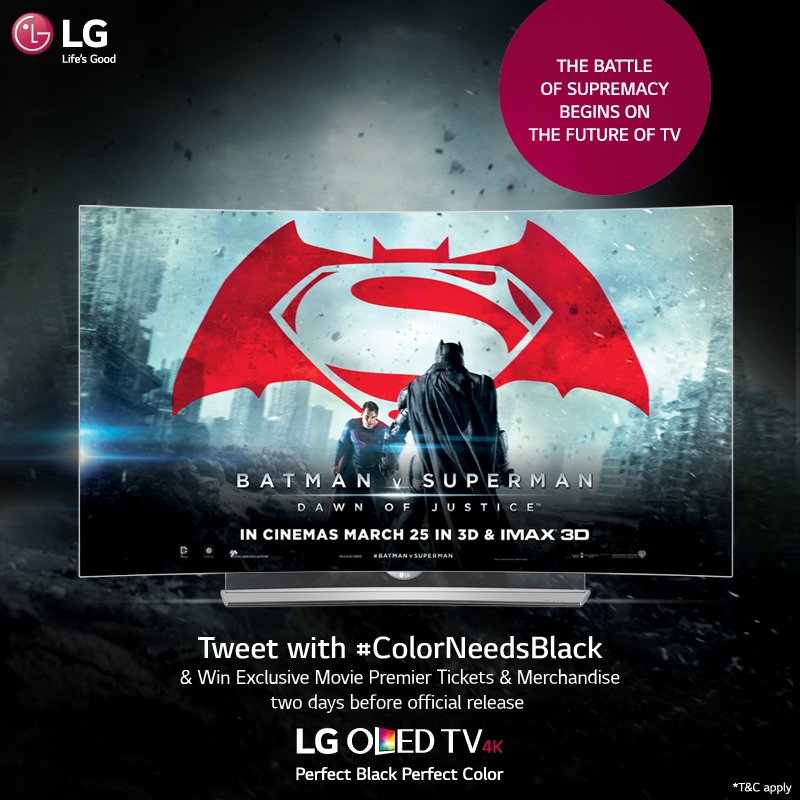 LGIndia's tweet photo. BatfansVSuperfans! Battle it out &amp; decide! Participate in #ColorNeedsBlack #contest &amp; get a chance 2 win MoviePasses https://t.co/1qECR70EnS