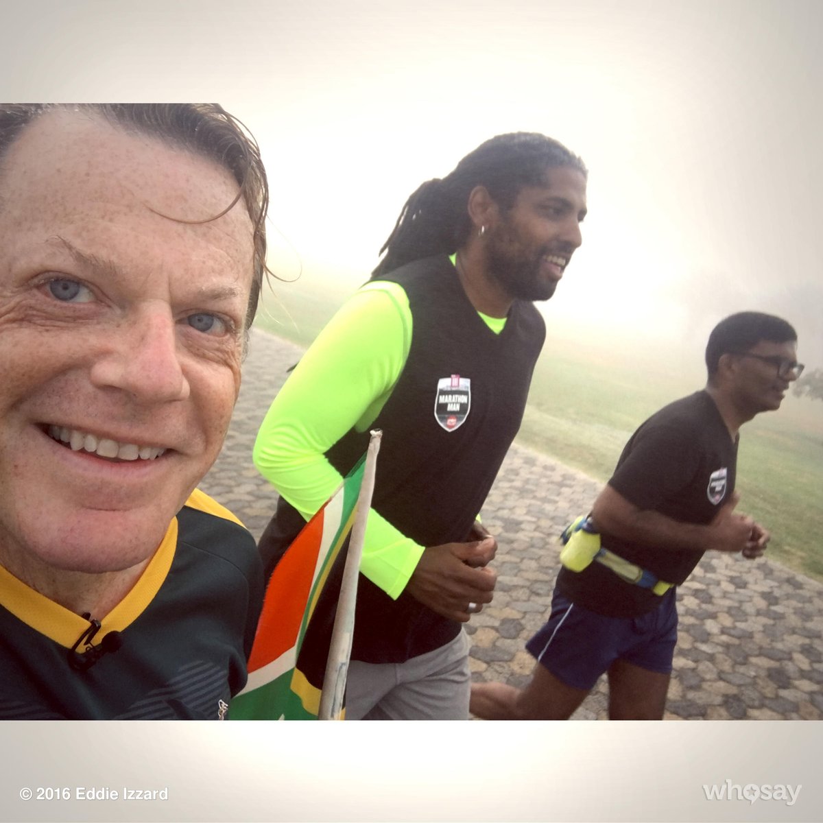 eddieizzard's tweet photo. Me, Dr Gary and Jamiel from the support team - running on my 24th marathon @bbcthree @sportrelief https://t.co/VrK6BAMsXD