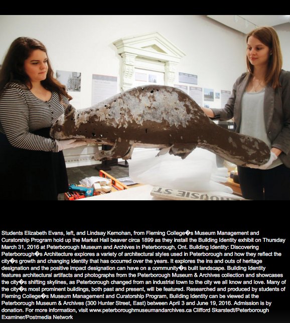 LindsayKernohan's tweet photo. Our exhibit #BuildingIdentity got some great coverage in today's @PtboExaminer ! https://t.co/kIXHS4Dmdz https://t.co/oq3bwTgano