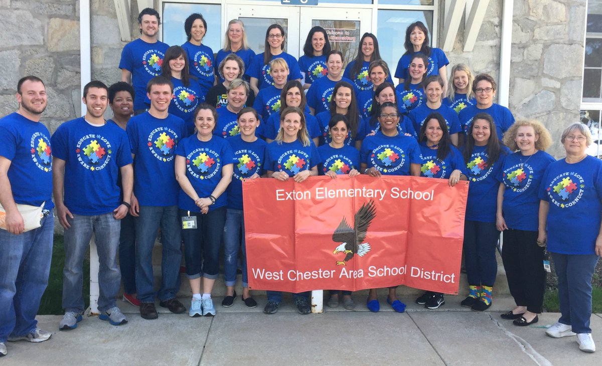 WestChesterASD's tweet image. The #ExtonES teachers &amp;amp; staff show their support for #autismawareness month!