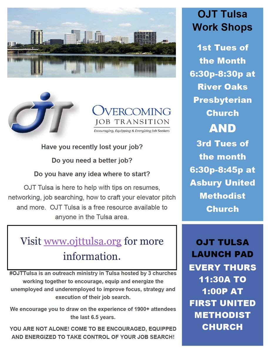 GlenHallJr's tweet image. #OJTTulsa flyer - please share. Thx @LBrolick for making it! #tulsa #career