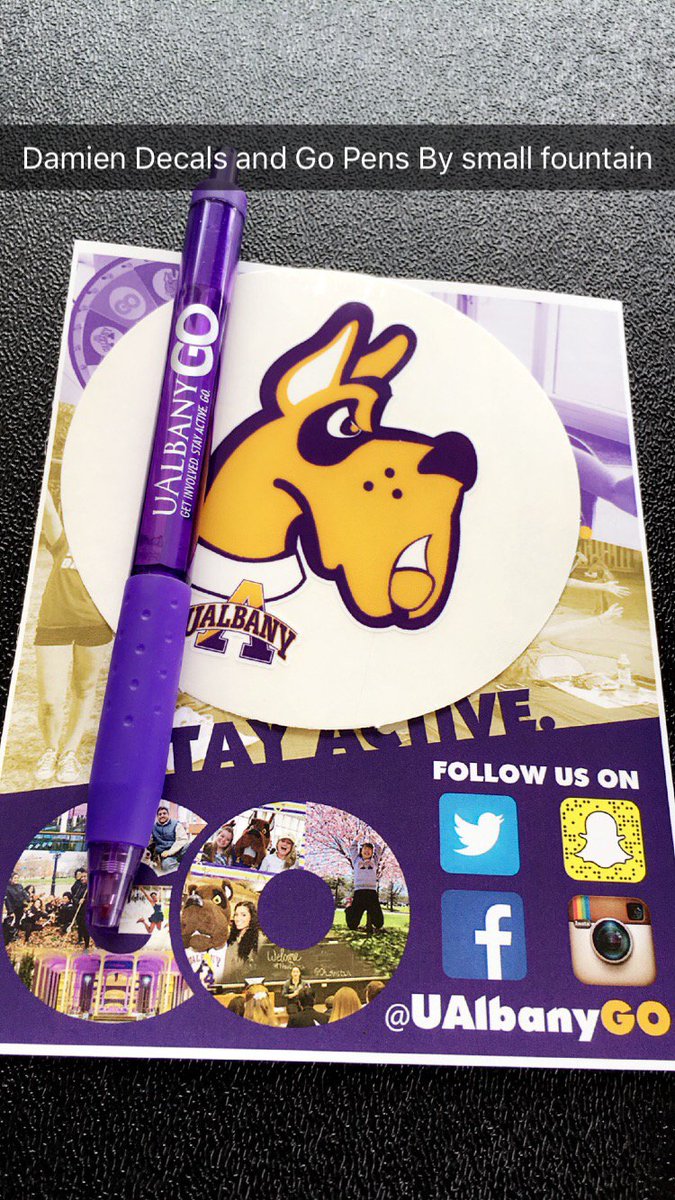 UAlbanyGo's tweet photo. #freepens and #computerdecals from now until 1:30pm in front of the @UAlbanyCC fountain! #spiritfriday #ualbany https://t.co/OLckLRmM6L