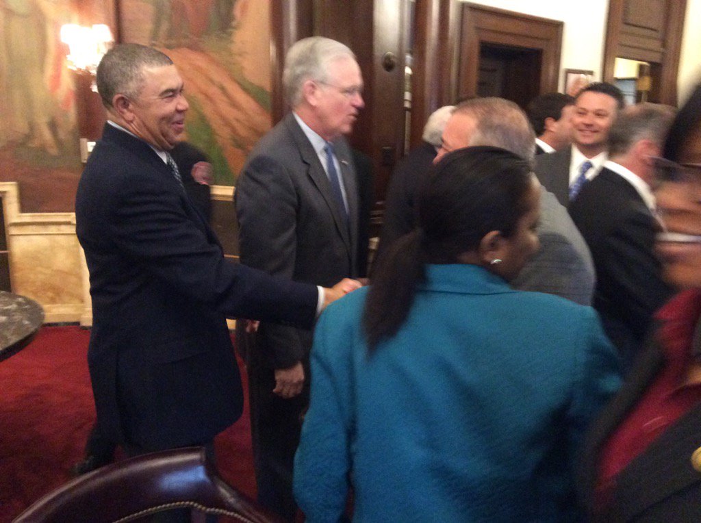 LacyClayMO1's tweet photo. Backstage ready to celebrate historic #NGA win with Gov Nixon, Mayor Slay #NGASTL https://t.co/fEHGIg2qRC