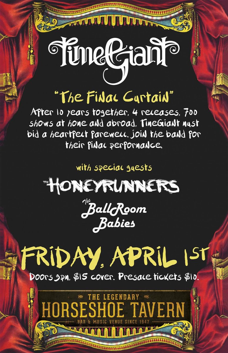 Tonight in #toronto #The6ix
<a href="/honeyrunners/">The Honeyrunners</a> <a href="/TimeGiant/">TimeGiant</a> <a href="/BallRoomBabies/">The BallRoom Babies</a> at Horseshoe Tavern. Doors 9pm, $15 cover.