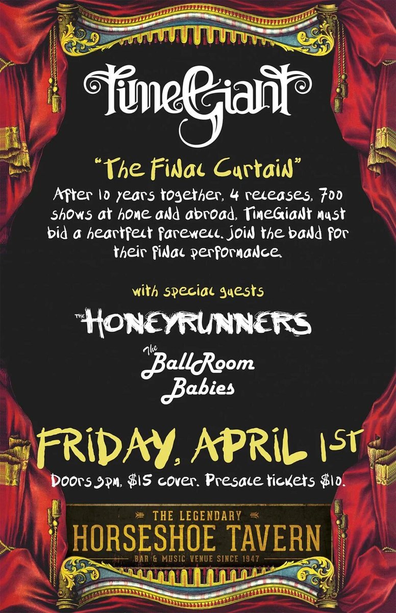 2nite is our last show <a href="/HorseshoeTavern/">The Horseshoe Tavern</a> Doors 9 pm, $15 at door $10 tix avail online <a href="/honeyrunners/">The Honeyrunners</a> <a href="/BallRoomBabies/">The BallRoom Babies</a>