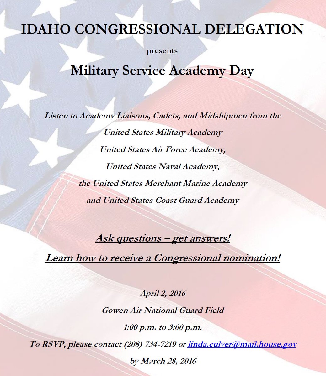 afa_admissions's tweet photo. Idaho Congressional Delegation hosting Military Service Academy Day on April 2 2016@1:00 p.m.
Email Ms.Culver today! https://t.co/sjcPsGNCZI