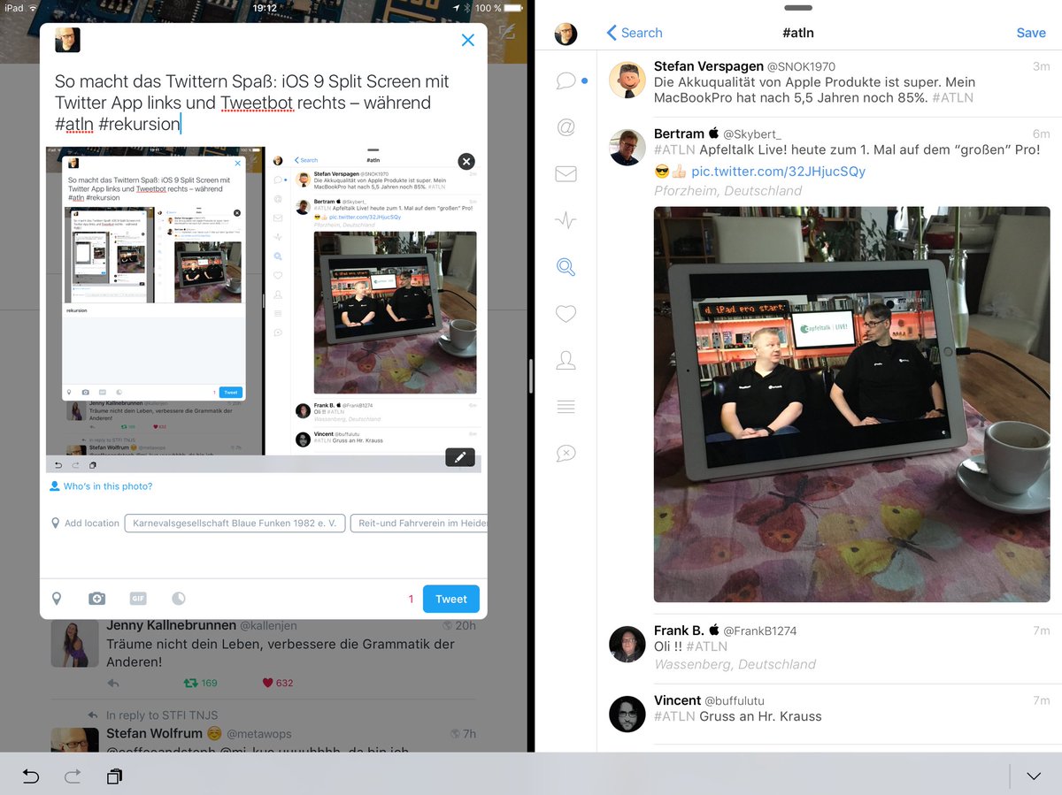 metawops's tweet image. So macht das Twittern Spaß: iOS 9 Split Screen mit Twitter App links und Tweetbot rechts – während #atln #rekursion