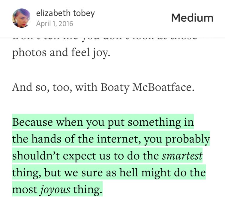 “Because when you put something in the hands of the internet, you probably shouldn’t expect us to do the smartest thing, but we sure as hell might do the most joyous thing.” from “Why Boaty McBoatface Embodies the Best of the Internet” by elizabeth tobey.