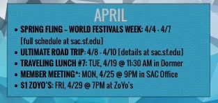 USF_SAC's tweet photo. April is here! Check out the SAC events for this month including Spring Fling, free lunch &amp; $1 @zoyofortwayne night! https://t.co/S1uF4Rmoiy