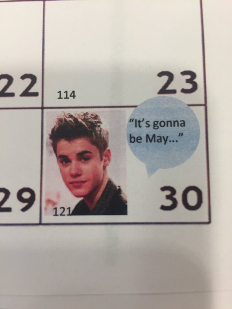AliciaRHoffman's tweet photo. When your admin tries to be funny and fails.... #wrongjustin #calendarfail #itsgonnabemay https://t.co/DYbPwZQh3r