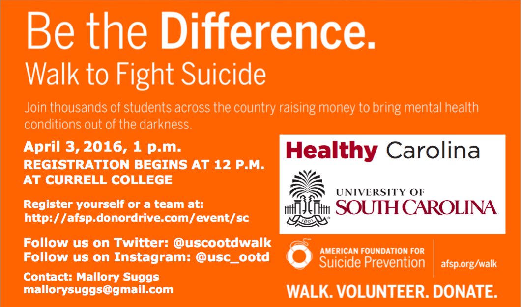 UofSCSGPres's tweet photo. Join me on Sunday to support suicide prevention and awareness with @uscootdwalk #BeTheDifference #fightsuicide https://t.co/CIS6U0C379
