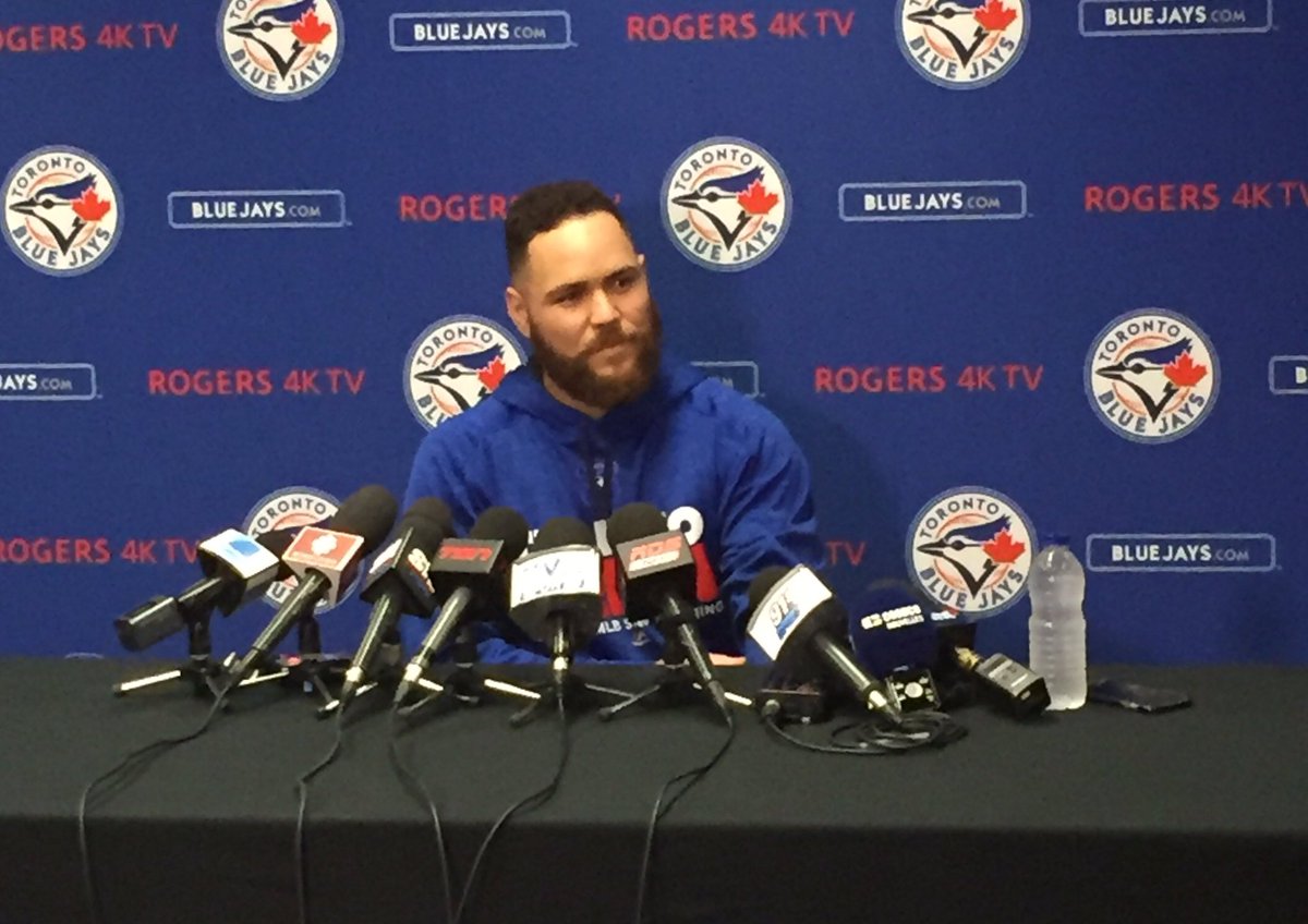 baseballcanada's tweet photo. The man of the hour, Montréal native,  @russellmartin55! #BlueJaysMTL https://t.co/70CwwfbyF9