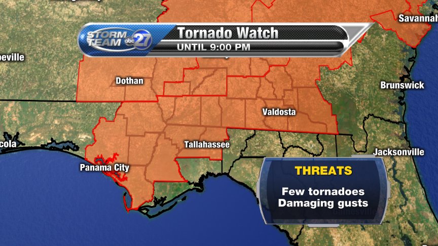 abc27's tweet photo. NEW: Tornado watch issued to include most S. Ga., western Big Bend counties until 9pm. Vald. &amp; Tallahassee included. https://t.co/ltz77FbUuD