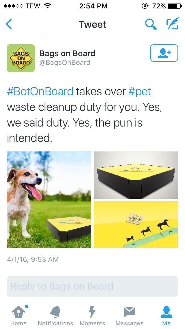 hannahxxmueller's tweet photo. @LaurelAynne too bad it's a #AprilFools joke! This would be perfect for pet owners. No more touching duty! #BCOR350 https://t.co/eogRxhPmze