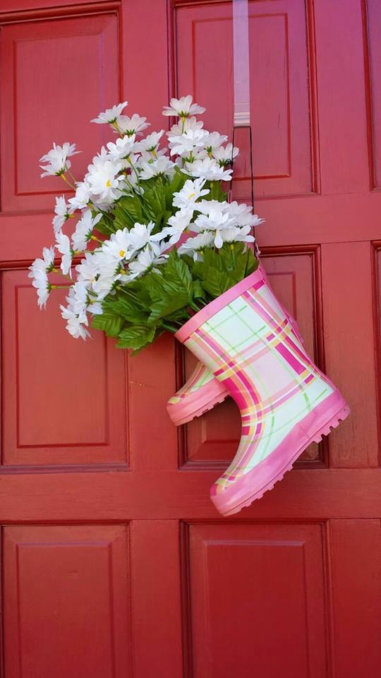 This cute boot door decor is a good reminder that April showers bring May flowers!