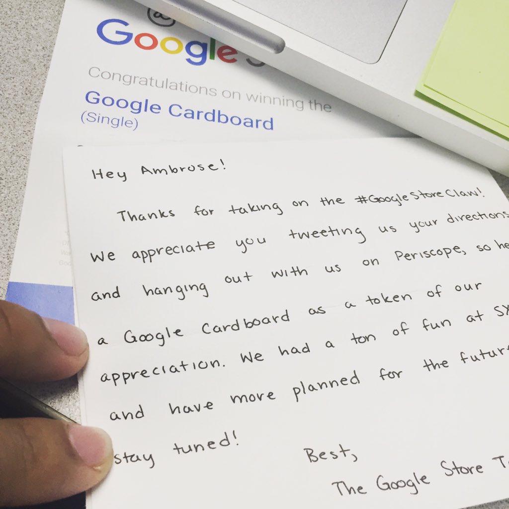 AmbroseLerma's tweet photo. Got my free Google Cardboard that I won during #sxsw playing the #googlestoreclaw Thank you @GoogleStore https://t.co/db2FRMJjnQ