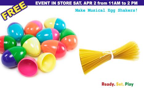 ToyandSport's tweet photo. FREE EVENT! Make Musical Egg Shakers in store April 2, 2016 from 11am to 2pm! https://t.co/qkeoRh7TBP