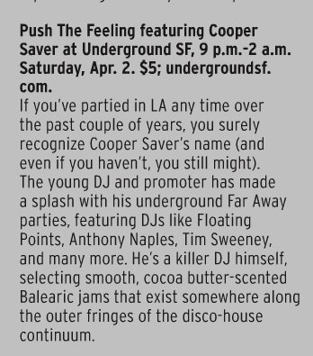 Our party tomorrow w/ @coopersaver is a <a href="/SFAllShookDown/">SF Weekly Music Blog</a> pick of the week! RSVP at <a href="/DoTheBay/">DoTheBay</a> dothebay.com/pushthefeeling