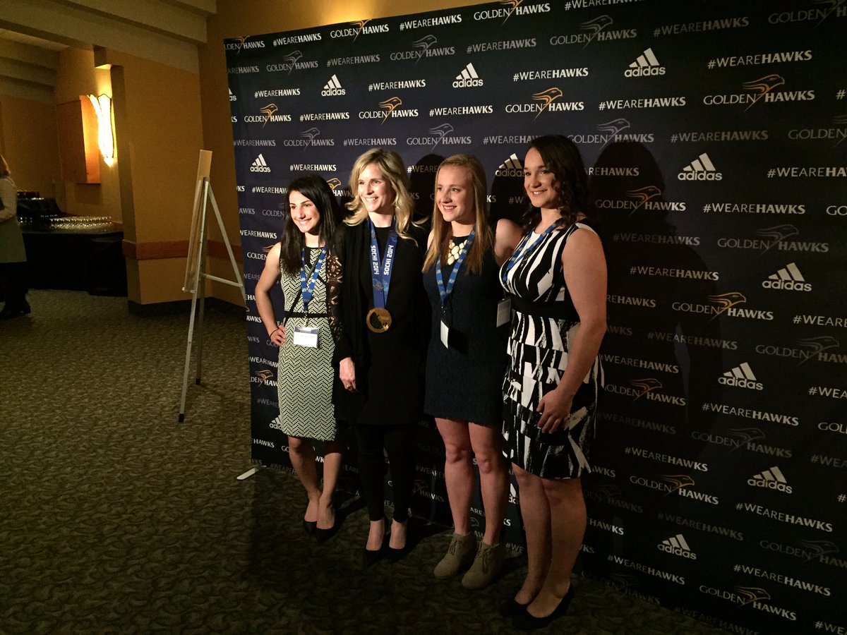 WLUAthletics's tweet photo. Our #OWL16 finalists @Suzers7, @fortifire94 and Jacky Normandeau pose with @jjonescurl #WeAreHAWKS https://t.co/tkchiPSRJr