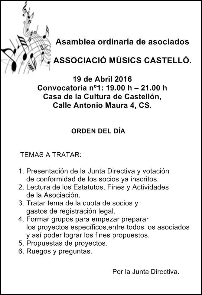 MusicsAMCs's tweet image. Asamblea : 19 de Abril 2016,Convocatoria nº1: 19.00 h – 21.00 h Casa de la Cultura CS,C/ Antonio Maura 4, CS.