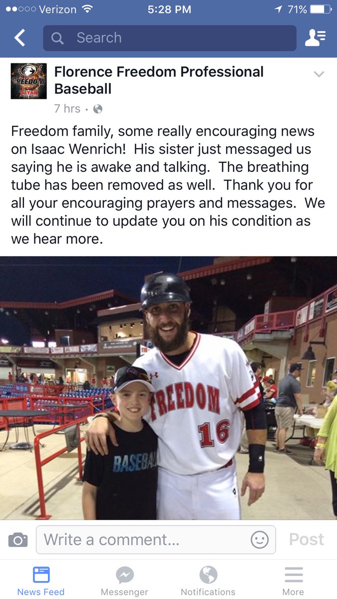 Phantom309er's tweet photo. Great news! Keep praying for Isaac Wenrich. #FreedomYall https://t.co/WNqus5myBl