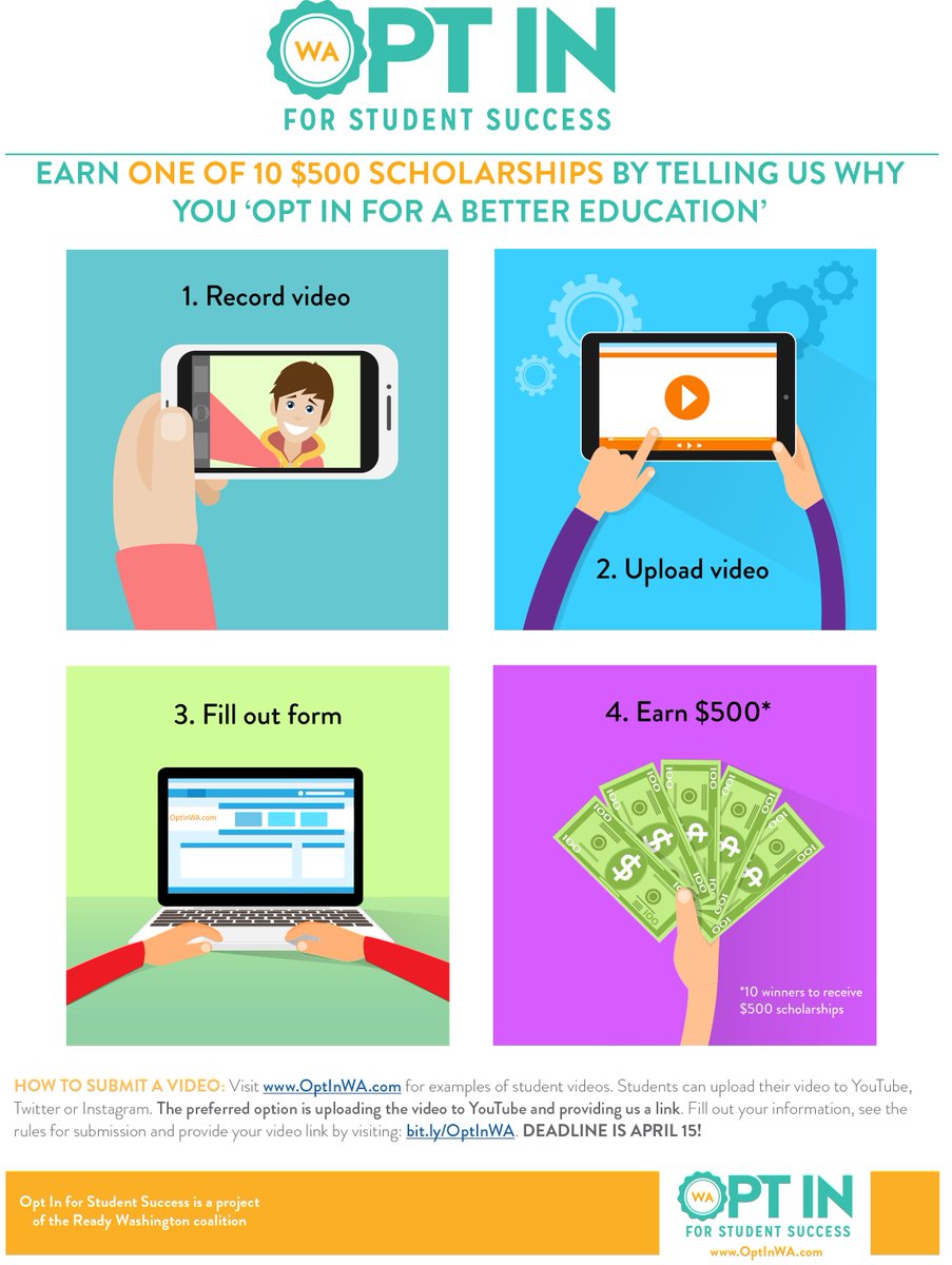 HighlineSchools's tweet image. Students, earn $500 by telling @ReadyWA why you 'opt in' for a better #education. #WAtesting @WaEdu #SBA