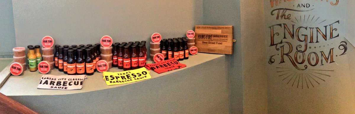 hangfirebbq's tweet photo. Loving how @hangfiredave has gone all retail &amp; created a merch station. Well, merch shelf! #TalentWasted https://t.co/5JMzNi0hjB