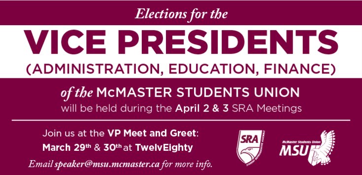MSU_McMaster's tweet photo. Free food at our Meet the VPs events happening TONIGHT at 5pm in @MSU_1280! More info: https://t.co/p2C7vAMOCh #McSU https://t.co/I2w5MFT60M