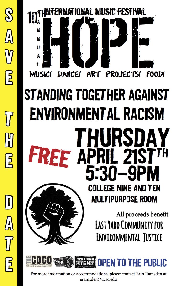 PoCSCollective's tweet image. College 9/10 is hosting "Standing Together Against Environmental Racism" on April 21st! Free food, music and art 🌻
