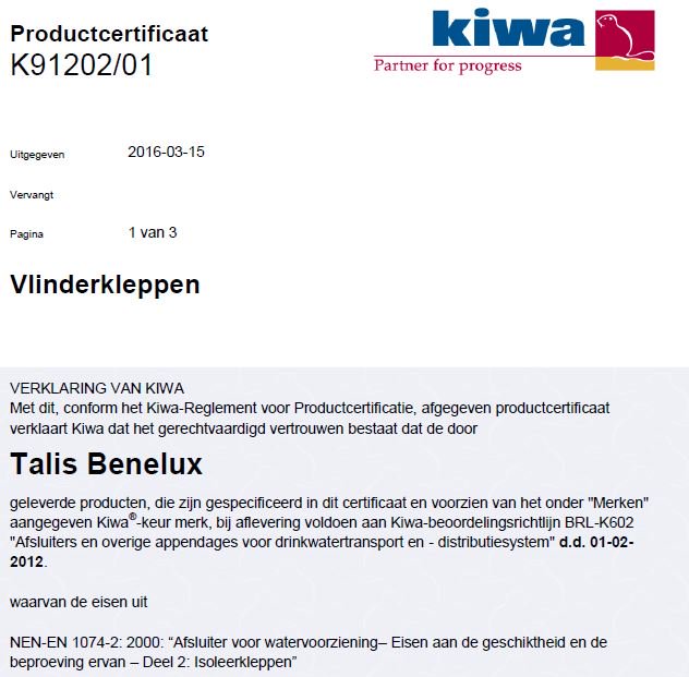 Weer een belangrijke stap in de goede richting voor Talis Benelux: KIWA Watermark voor ROCO Wave vlinderklep!
