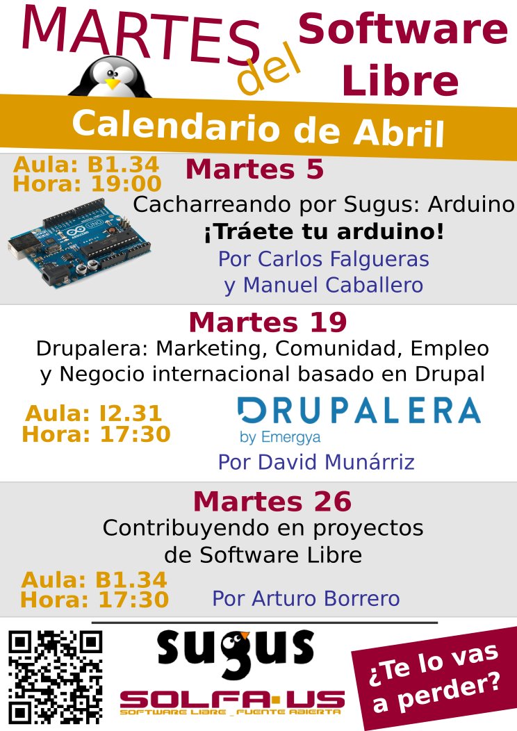 sugus_etsii's tweet photo. Martes 5 de Abril: Cacharreando por Sugus: Arduino ¡Tráete tu arduino! Calendario de Abril https://t.co/eEfkzTTWBe https://t.co/CC7fviiLOk