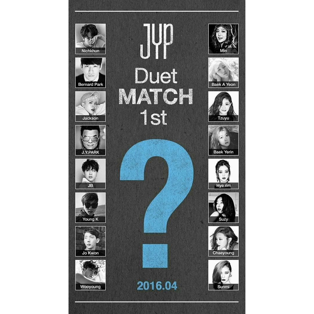 GOT7BTSfAn's tweet photo. JYP Duet Match
2016.04
#GOT7 #JYP #JYPE #JYPENATION #JB #imjaebum #Jackson #JacksonWang ❤💟💗😻😸😸😸❓❓❓ https://t.co/KT1U8MLz0x