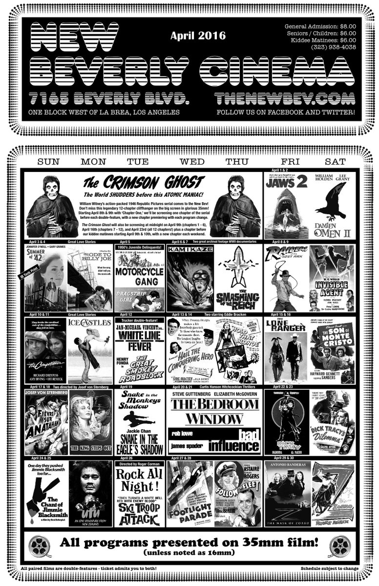 newbeverly's tweet photo. April at the New Beverly! Please RT and let us know what you're most excited to see! https://t.co/4OJBJeztfQ
