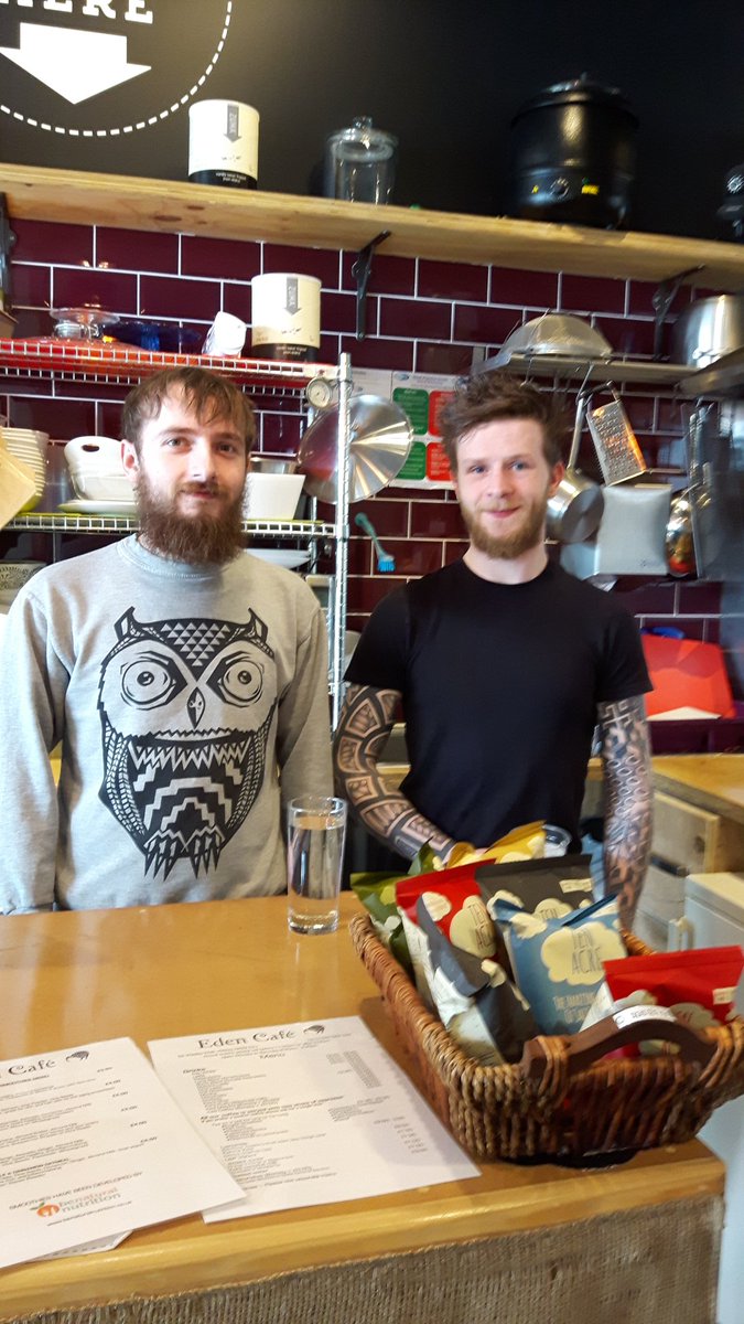 MaeveOHair's tweet photo. So good to see @SamCouchman and Jamie making #greatcoffee @EdenCafe_Veg #greatflatwhite #baristalife https://t.co/T23xNZ9s6k