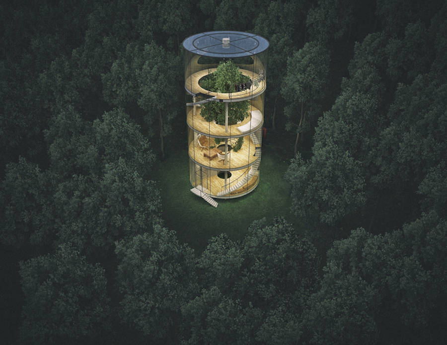 fubiz's tweet photo. Circular Glass House Featuring a Big Tree in its Heart https://t.co/Z2Ls89oVI4 https://t.co/a3APuWhHv8