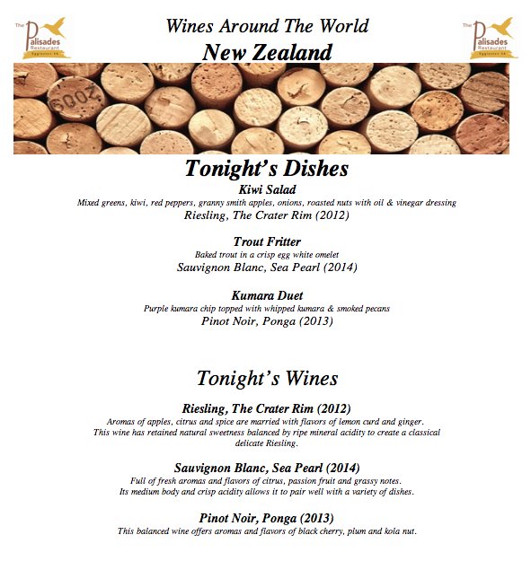 Tonights wines around the world menu <a href="/VAThePalisades/">The Palisades</a> features wine from New Zealand!