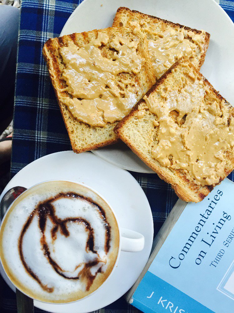barnalirays's tweet photo. that first sip which makes mornings, good #Cappuccino #reading #perksofwalking #peanutbutter https://t.co/3S1AW0eB4l